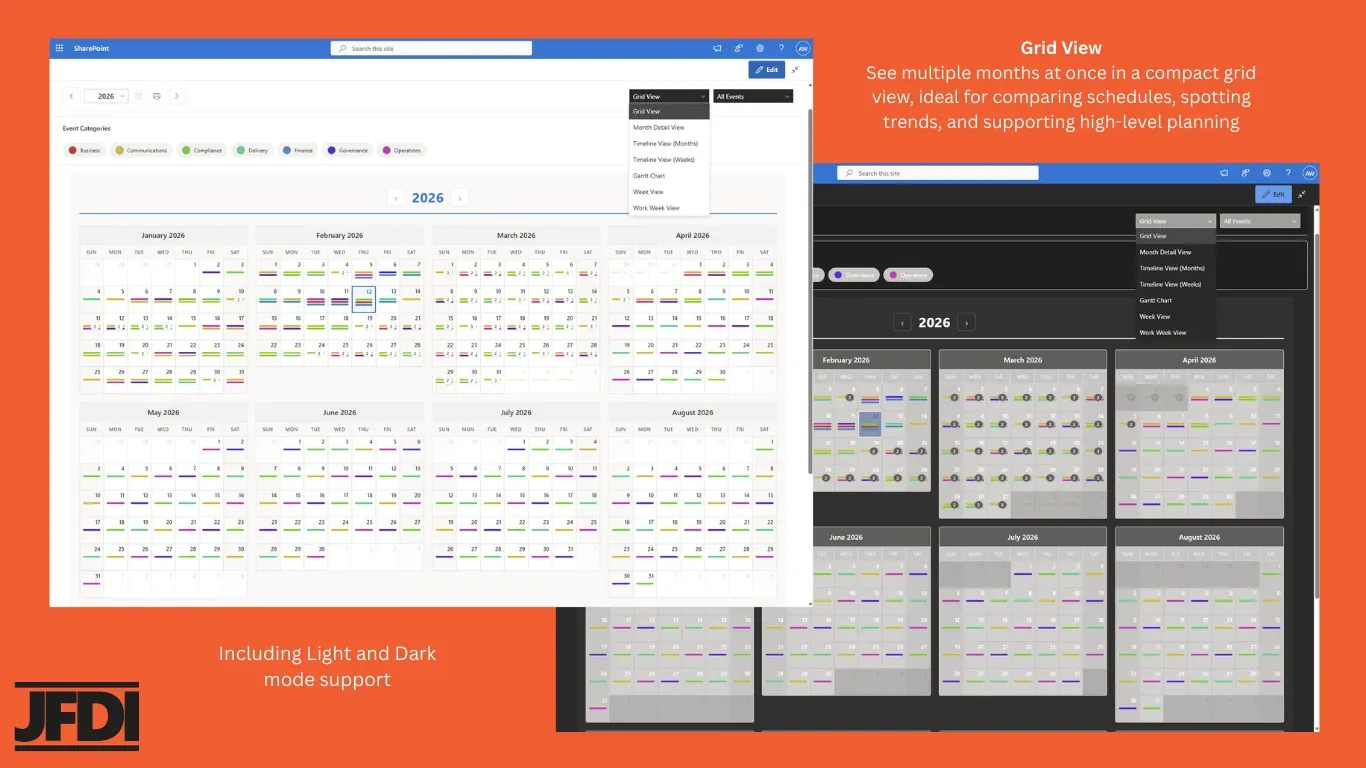 Grid View, light and dark mode — multi-month at-a-glance comparison
