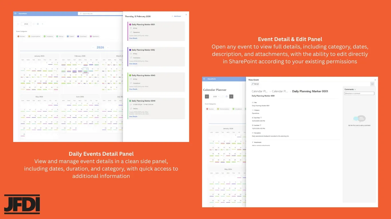Daily Events Detail Panel and Event Detail/Edit Panel — clean side-panel summaries and full-event edit modal