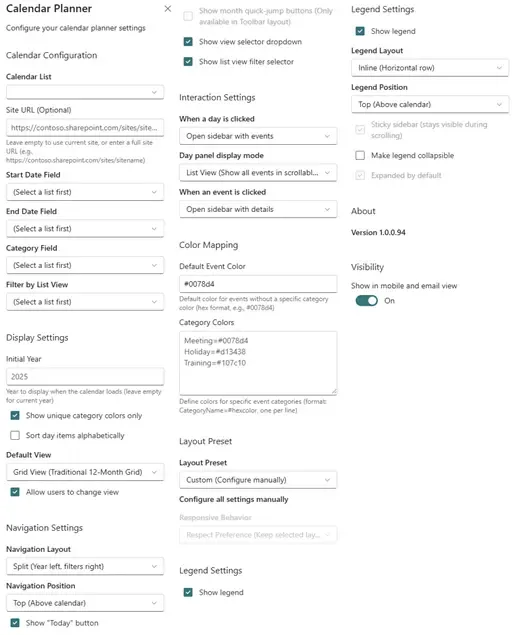 Calendar Planner properties pane