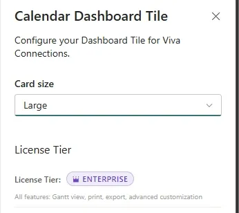 Calendar Dashboard Tile settings panel displaying the Enterprise licence-tier badge alongside the configuration fields