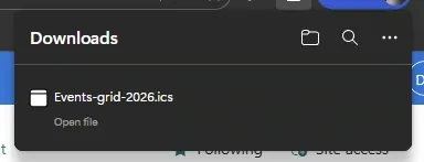 Browser download notification showing the exported Events-grid-2026.ics file