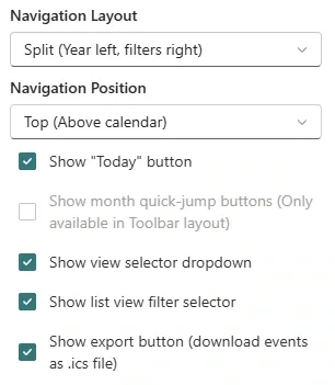 Web part properties pane with the 'Show export button (download events as .ics file)' toggle enabled