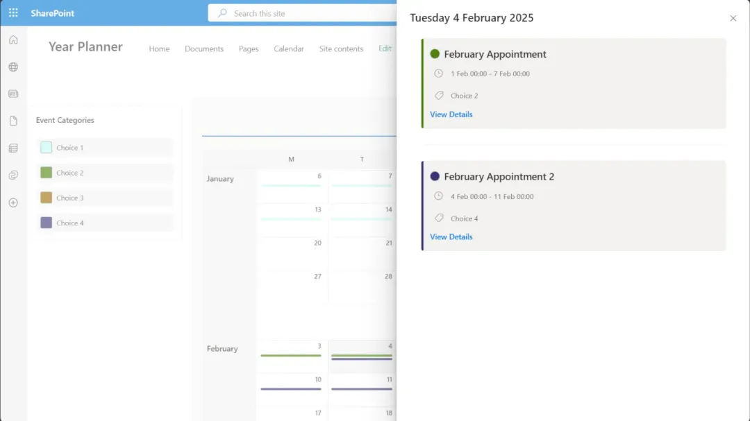 Event side panel with category and details