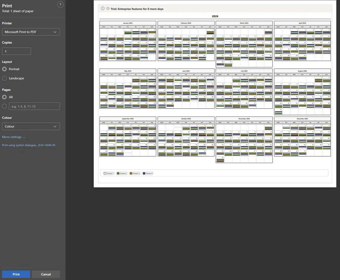 Calendar Planner print preview showing page layout for printer or PDF export