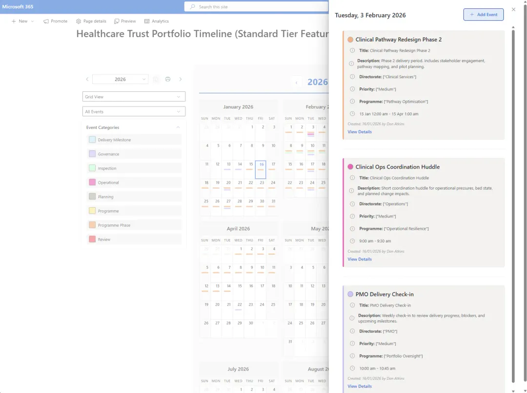 Grid view with a day's events open in the side panel, including an Add Event button