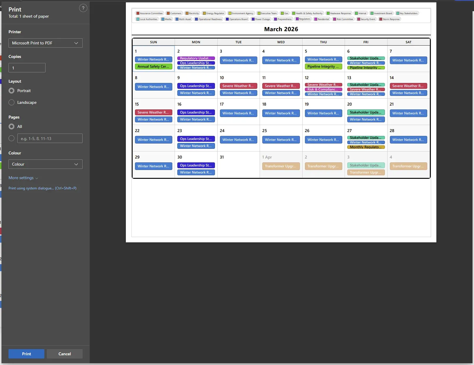 Exporting a view to PDF or print