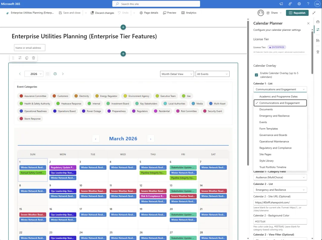 Several SharePoint calendars overlaid in one view